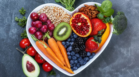 Vibrant image of a heart-shaped bowl filled with wholesome diet foods like fresh fruits, vegetables, and whole grains, emphasizing heart health and cardiovascular wellness.の素材