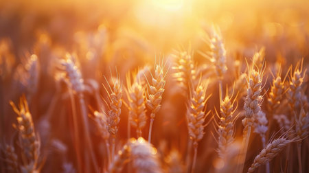 Close-up of ripe wheat ears in a vast field, bathed in warm sunlight, capturing the essence of a bountiful harvest.の素材