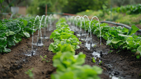 Drip irrigation system in a vegetable garden, highlighting water conservation and sustainable farming practices.の素材