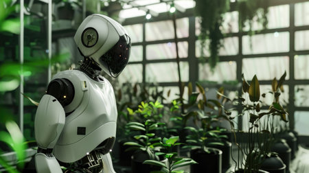Robotic greenhouse assistant performing routine tasks such as watering and pruningの素材