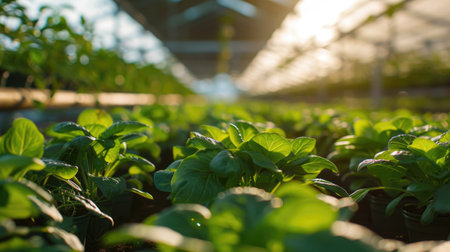 Greenhouse filled with vibrant plants, showcasing controlled environment agriculture and innovation.の素材