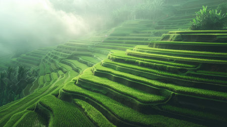 Expansive view of terraced rice fields, representing traditional farming methods and stunning agricultural landscapes.の素材