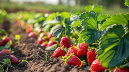Rows of strawberry plants in a field, showcasing crop diversity and agricultural practices.の素材