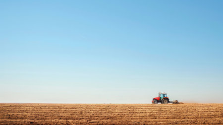 Tractor plowing a vast field under a clear blue sky, symbolizing modern agricultural machinery and productivityの素材