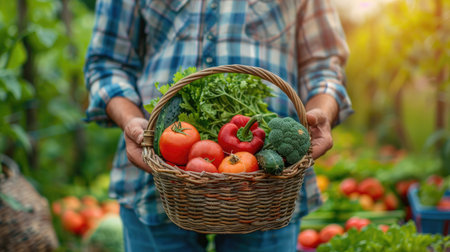 Harvest season: farmer holding a basket of fresh, organic vegetables, highlighting healthy eating and farm-to-table movement.の素材