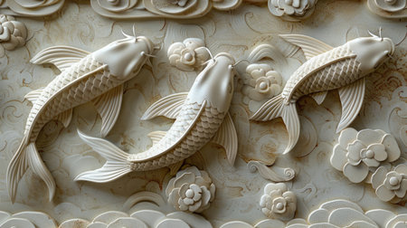 Aesthetic arrangement of Volumetric decorative fish in Japanese style against stucco molding, showcasing the harmonious fusion of nature-inspired motifs with intricate design elements.の素材