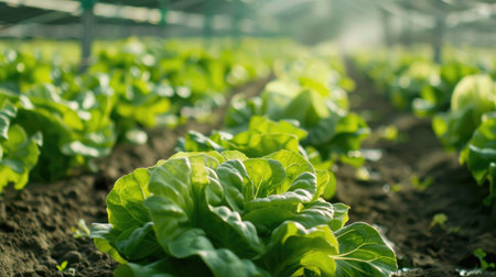 Rows of young lettuce growing in a greenhouse, showcasing modern agricultural techniques and controlled environmentsの素材