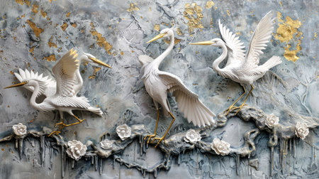 Artistic representation of volumetric exotic birds in stucco with gold details on a plastered wallの素材