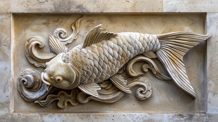 Aesthetic composition of Volumetric decorative fish in Japanese style intricately designed against textured stucco molding, blending traditional artistry with modern elegance.の素材