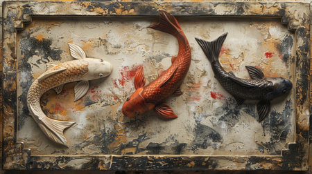 Aesthetic arrangement featuring Volumetric decorative fish in Japanese style set amidst textured stucco molding and cultural motifs, capturing the essence of refined simplicity and artistic expressionの素材