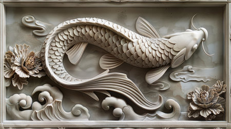 Artistic depiction of Volumetric decorative fish in Japanese style, intricately carved within elaborate stucco molding, symbolizing tranquility and cultural heritage.の素材