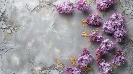 Captivating composition featuring lilac flowers in bloom against a backdrop of textured gray plastered wall and glistening gold elements, capturing the essence of floral elegance.の素材