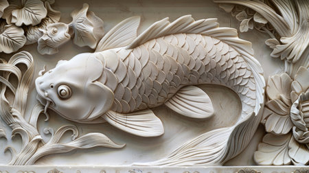 Detailed view of Volumetric decorative fish in Japanese style, delicately framed by textured stucco molding, highlighting the precision and artistry of traditional Asian designの素材
