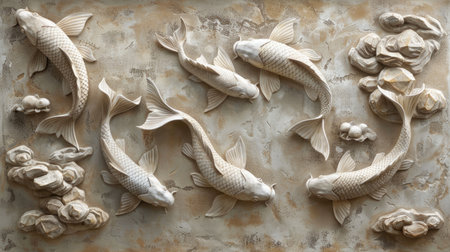 Elegant display of Volumetric decorative fish in Japanese style intricately positioned against textured stucco molding, portraying the timeless elegance and craftsmanship of Eastern art.の素材