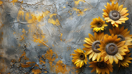 Close-up of radiant golden sunflowers arranged against a textured gray plastered wall adorned with luxurious gold elements, capturing the warmth and natural beauty of floral decor.の素材