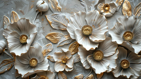 Decorative wall art featuring volumetric exotic flowers in stucco with gold details, enhancing interior design aestheticsの素材