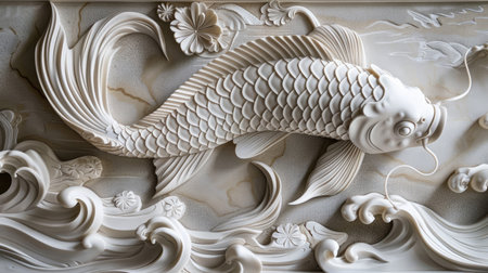 Exquisite Volumetric decorative fish in Japanese style, intricately crafted against a backdrop of textured stucco molding, reflecting timeless beauty and meticulous craftsmanship.の素材