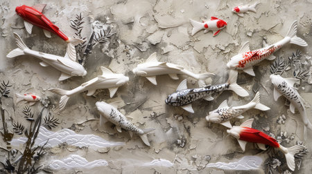 Exquisite arrangement of Volumetric decorative fish in Japanese style against a backdrop of textured stucco molding, illustrating the fusion of traditional craftsmanship with contemporary artistry.の素材