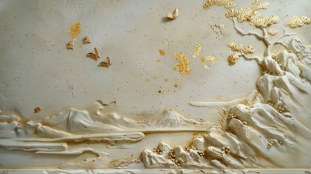 Decorative stucco molding of a Japanese landscape with gold embellishments on a plastered wall, adding a touch of opulenceの素材