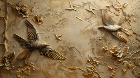 Elegant stucco molding of exotic birds with gold accents on a plastered wall, perfect for luxurious decor.の素材