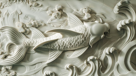 Ethereal composition featuring Volumetric decorative fish in Japanese style elegantly carved within intricate stucco molding, evoking a sense of tranquility and cultural heritage.の素材