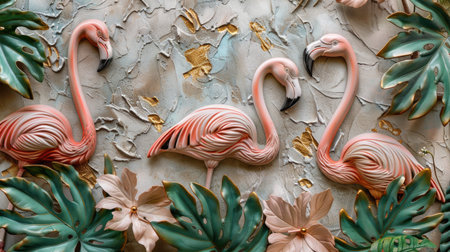 Detailed view of Volumetric decorative flamingos intricately integrated with lush tropical leaves against a backdrop of textured plastered wall and subtle gold accents, symbolizing harmony and natural splendor.の素材