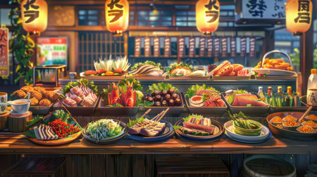 Colorful anime-style street food scene featuring traditional Japanese dishes, no peopleの素材