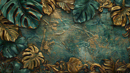 Captivating portrayal of Volumetric decorative tropical leaves amidst textured plastered wall and ornate gold elements, illustrating the dynamic beauty and lush foliage of tropical landscapes.の素材