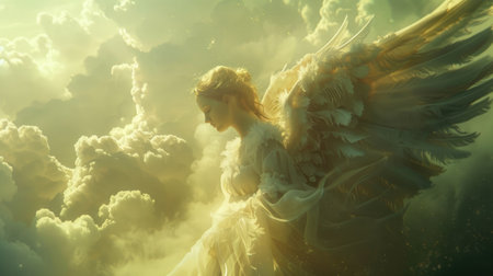 Angel in the clouds, ethereal and heavenly scene, emphasizing purity and graceの素材