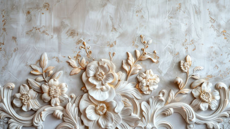 Intricate stucco molding of exotic flowers with gold accents on a plastered wall, creating a luxurious decorative sceneの素材