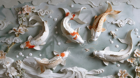 Serene composition featuring Volumetric decorative fish in Japanese style, set against a backdrop of elegant stucco molding, blending traditional motifs with contemporary aesthetics.の素材