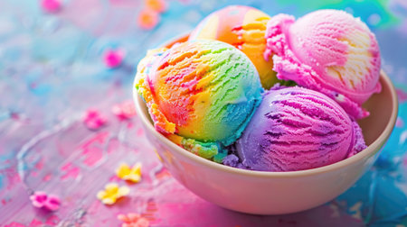 Colorful rainbow ice cream, showcasing vibrant and delicious frozen treatの素材