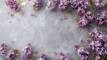 Harmonious blend of lilac flowers arranged on a gray plastered wall adorned with subtle gold elements, portraying the delicate balance between botanical simplicity and refined aestheticsの素材