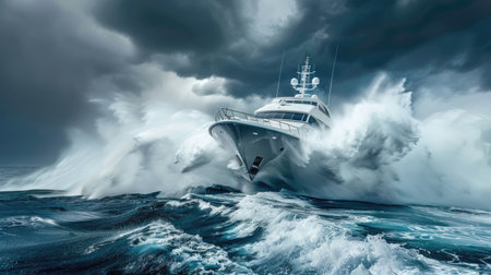 Yacht riding on a huge wave in a storm, dramatic and intense ocean sceneの素材