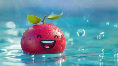 A cheerful cartoon cranberry with a happy expression, playing in a pool.の素材