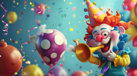 A happy cartoon langsat with a joyful face, blowing a party horn.の素材