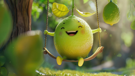 A cute cartoon lime with a big smile, sitting on a swing.の素材