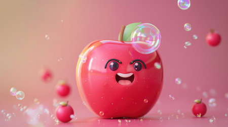 A cheerful cartoon rose apple with a happy expression, blowing bubblesの素材