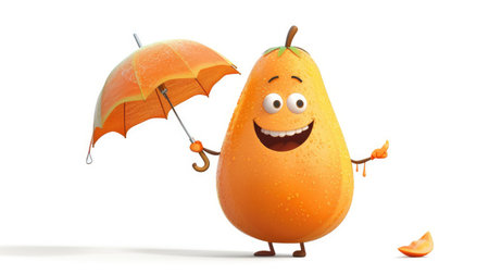 A cheerful cartoon papaya with a happy expression, holding a tiny umbrella.の素材