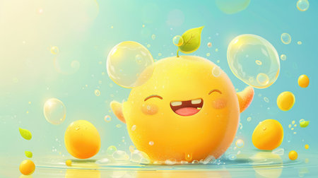 A cute cartoon yuzu with a wide grin, blowing bubbles.の素材
