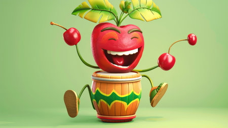 A happy cartoon surinam cherry with a joyful face, playing a drumの素材