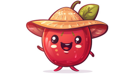 A cute cartoon goji berry with a big smile, wearing a sun hatの素材