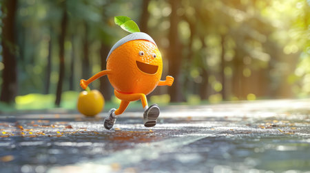 Cheerful orange wearing a headband and running shoes, sprinting down a road with enthusiasm, highlighting a whimsical and playful take on fitness.の素材