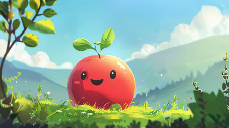 A cute cartoon mountain apple with a big smile, enjoying a summer day.の素材