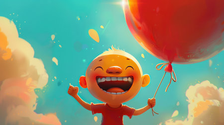 A joyful cartoon duku with a wide grin, holding a balloon.の素材