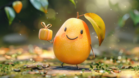 A cute cartoon mango with a happy face, holding a small present.の素材