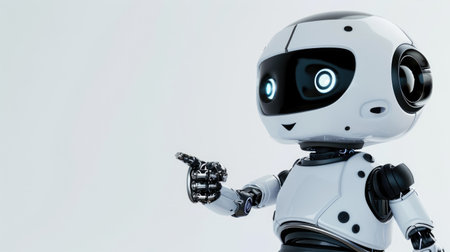 Adorable robot with a happy expression, pointing at an empty space, perfect for adding copy or text, set against a clean background.の素材