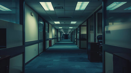 Deadpan Cubicles: The Haunting of the Workplace: Explore the eerie solitude of office cubicles after hours, a haunting reflection on the mundane yet mysterious aspects of corporate life.の素材