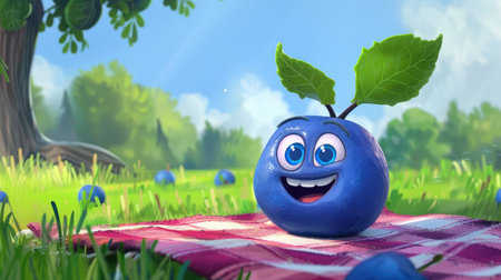A smiling cartoon blueberry with a joyful expression, sitting on a picnic blanketの素材