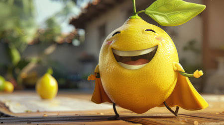 A happy cartoon lemon with a big smile, wearing a superhero cape.の素材